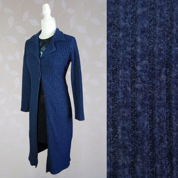 Vintage Sweaters - Vintage 90s Y2k Cozy Ribbed Longline Collared Cardigan Top Fina Fina Blue
